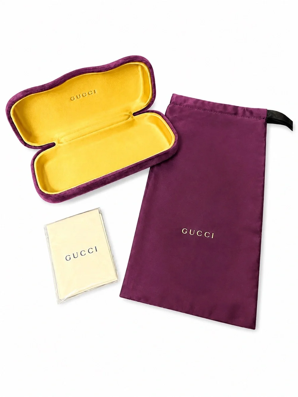 Gucci Purple Velvet Eyeglass Case Dust Bag & Lens Cloth Set NEW